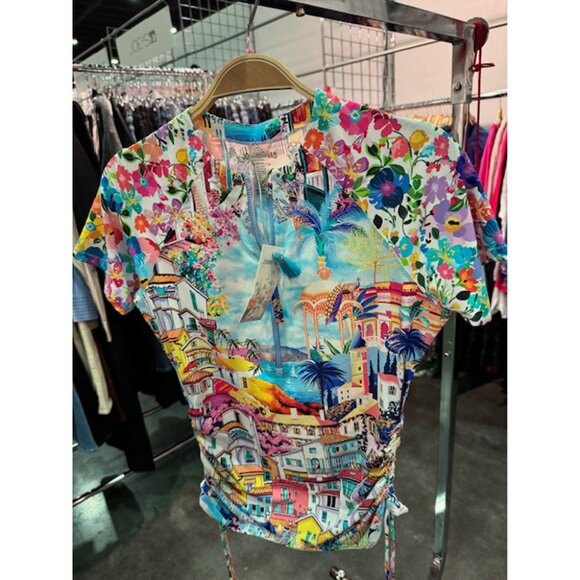 Johnny Was Cannes Drawstring Surf Shirt Short Swim Rash Guard White Blue Top NEW - Picture 7 of 8